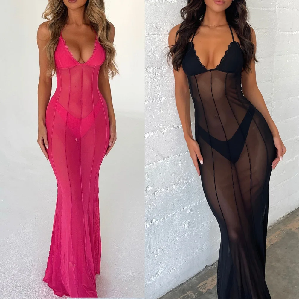 

SKMY Chest Wrapped Women'S Long Dress Sexy Suspender Dress Mesh Perspective Elegant Party Dresses 2024