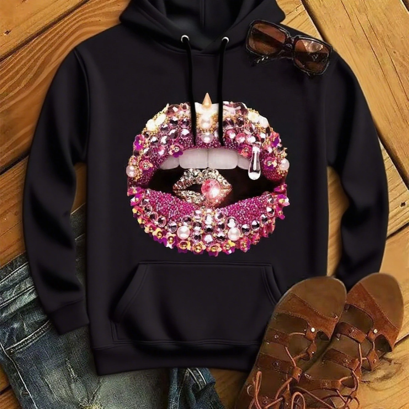 

Diamond Lip Graphic Printing Autumn and Winter Pure Cotton Men's and Women's Hoodies Casual Outdoor Street Sports Loose Training