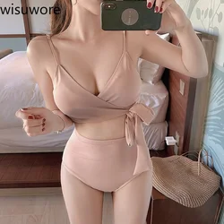 Wisuwore 2026 Sexy Korea Bikinis Solid Two Pieces Swimwear Women High Waist Bikini Chest Lace Up Swimsuit Monokini Bathing Suits
