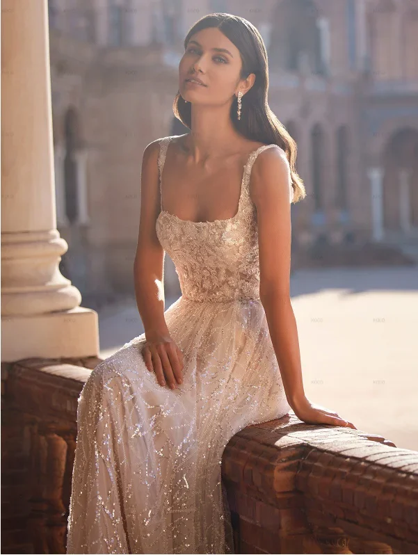فساتين Flavinke مخصصة ستة دانتيل مطرز على شكل حرف a مع رقبة مربعة فستان زفاف فساتين زفاف vestido de noiva رداء de mariée