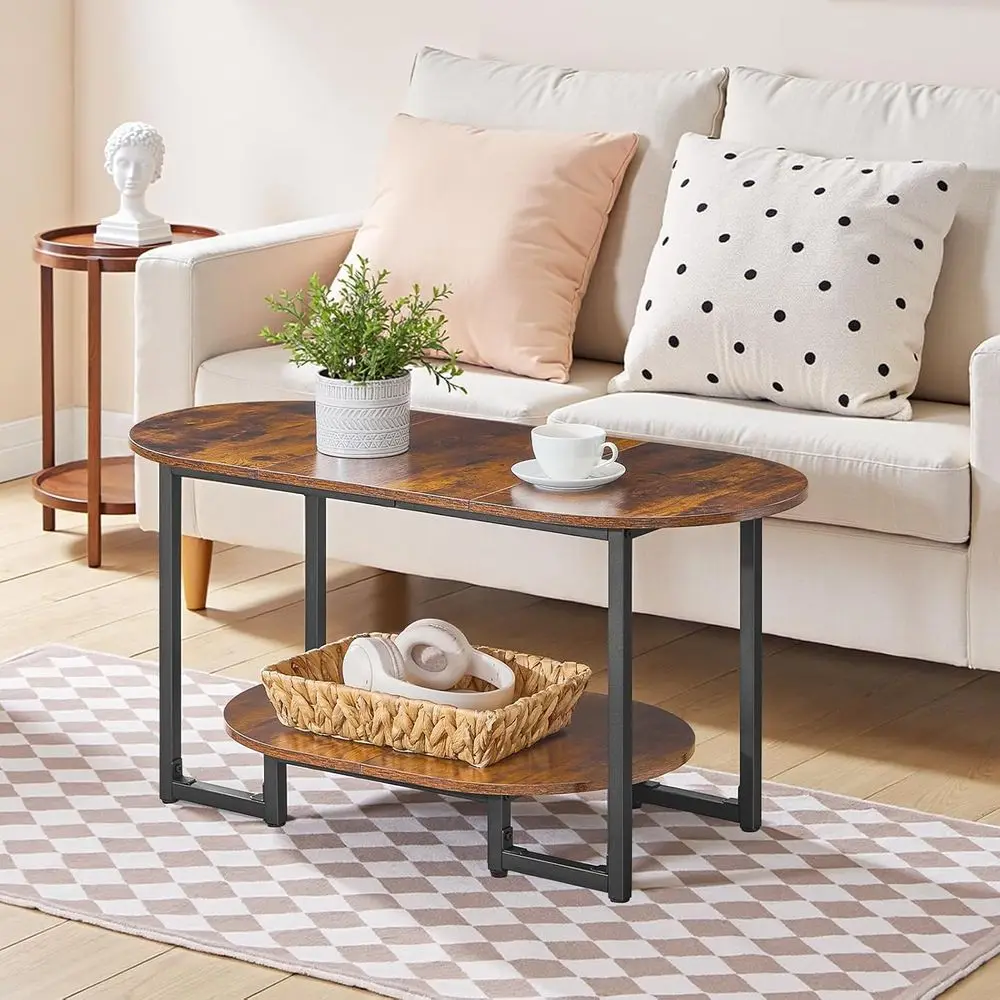 Rustic Brown 2-Tier Oval Coffee Table with Storage for Living Room & Home Office