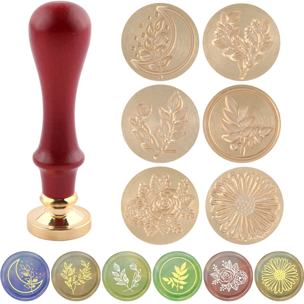 

Rose Flower Leaves Moon 6pcs Wax Seal Stamp with 1pc Handle for Embellishment of Wedding Envelopes Invitations Greeting Cards