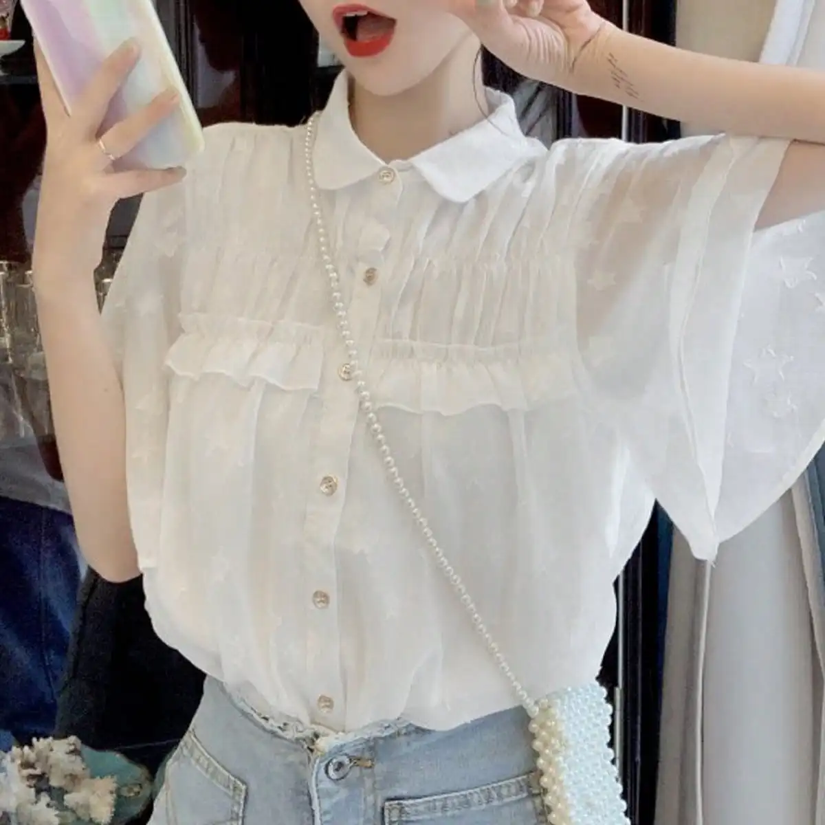 

Korean Chic Summer French Niche Design Fungus Chiffon Shirt Super Fairy Sweet Polo Collar Top for Women