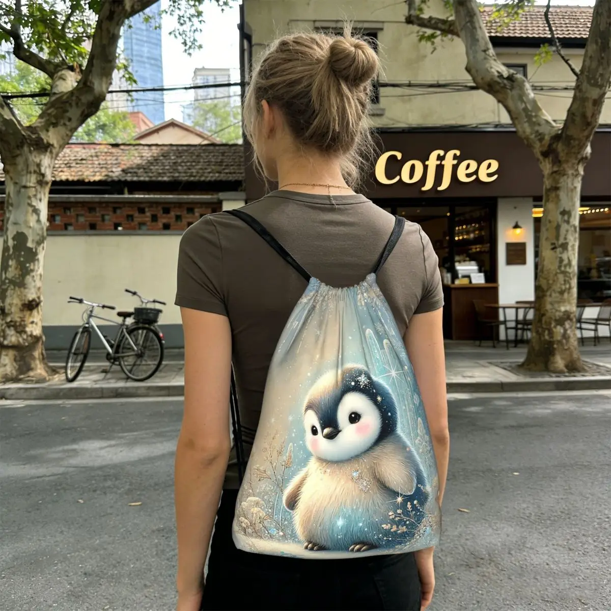 Cute Penguin Baby In The Snow Backpacks Casual Drawstring Bags Sports Bag Book Bags for Travel Students