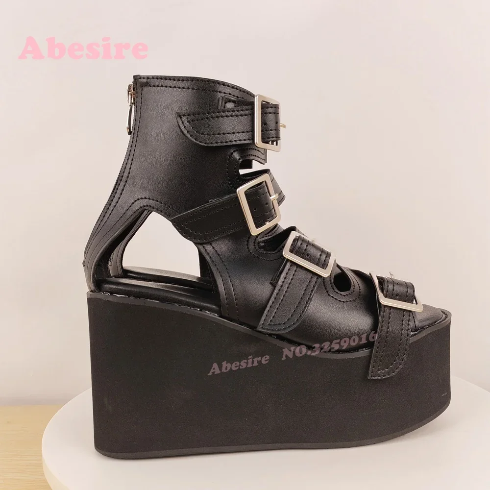 Peep Toe Cut-Out Side Air Women's Sandals Black Buckled Platform Sandals Wedges High Heels Glossy Solid Summer Shoes Elegant