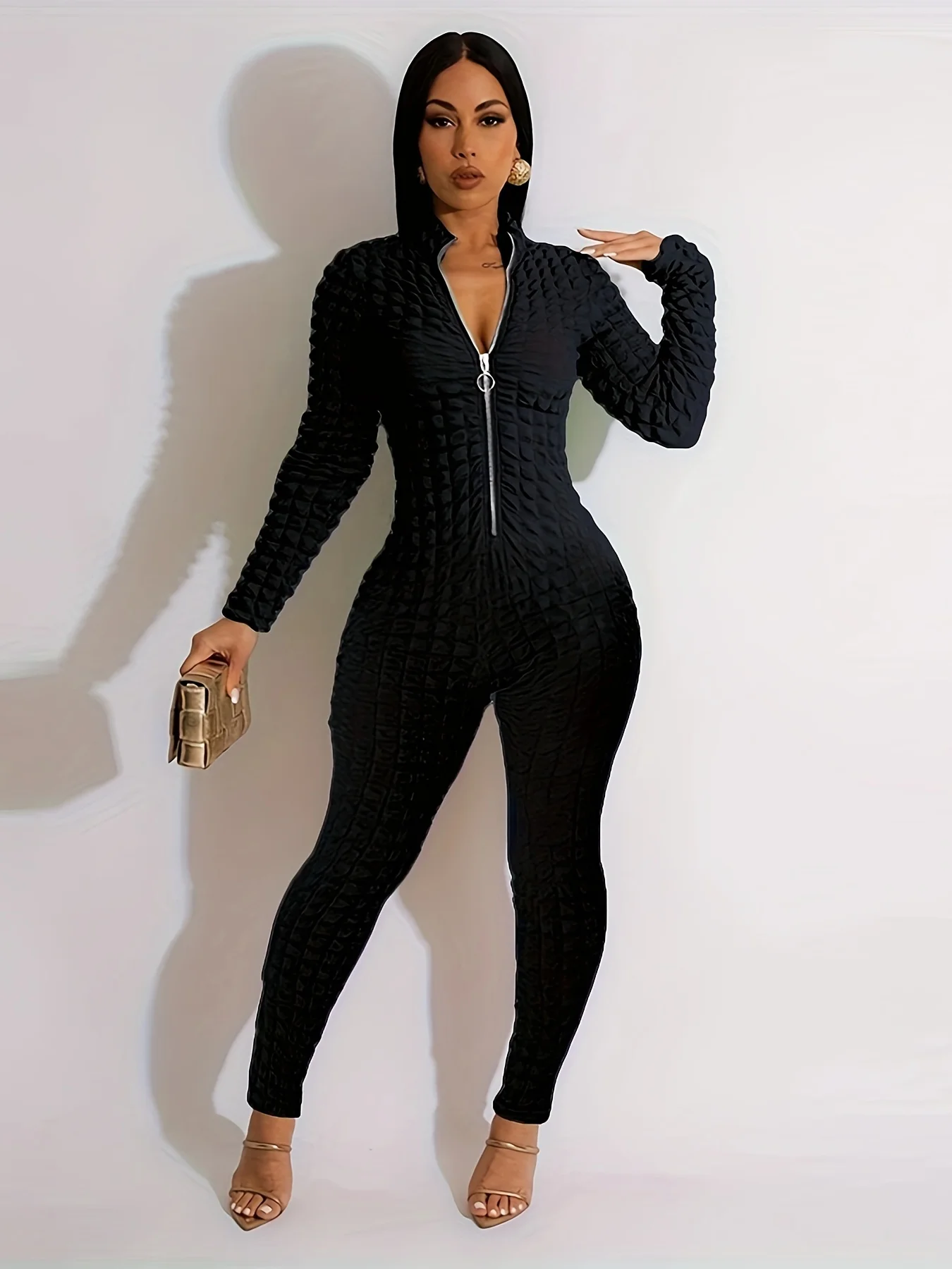 Women's Jumpsuit Solid Color Multicolor Wave Pattern Jumpsuit Long Sleeve Casual Zipper Jumpsuit Long Pants Overalls for Women