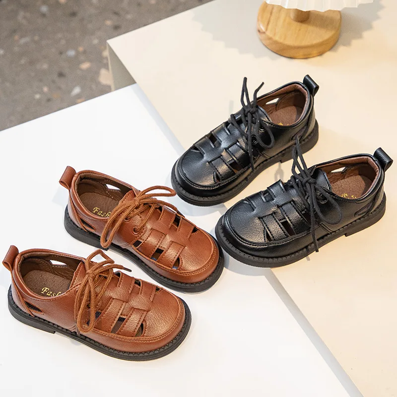 2025 New Boys Leather Shoes Simple Hollow-out Children Fashion Flat Shoes Trend School Non-slip Kids Causal Uniform Shoes Black
