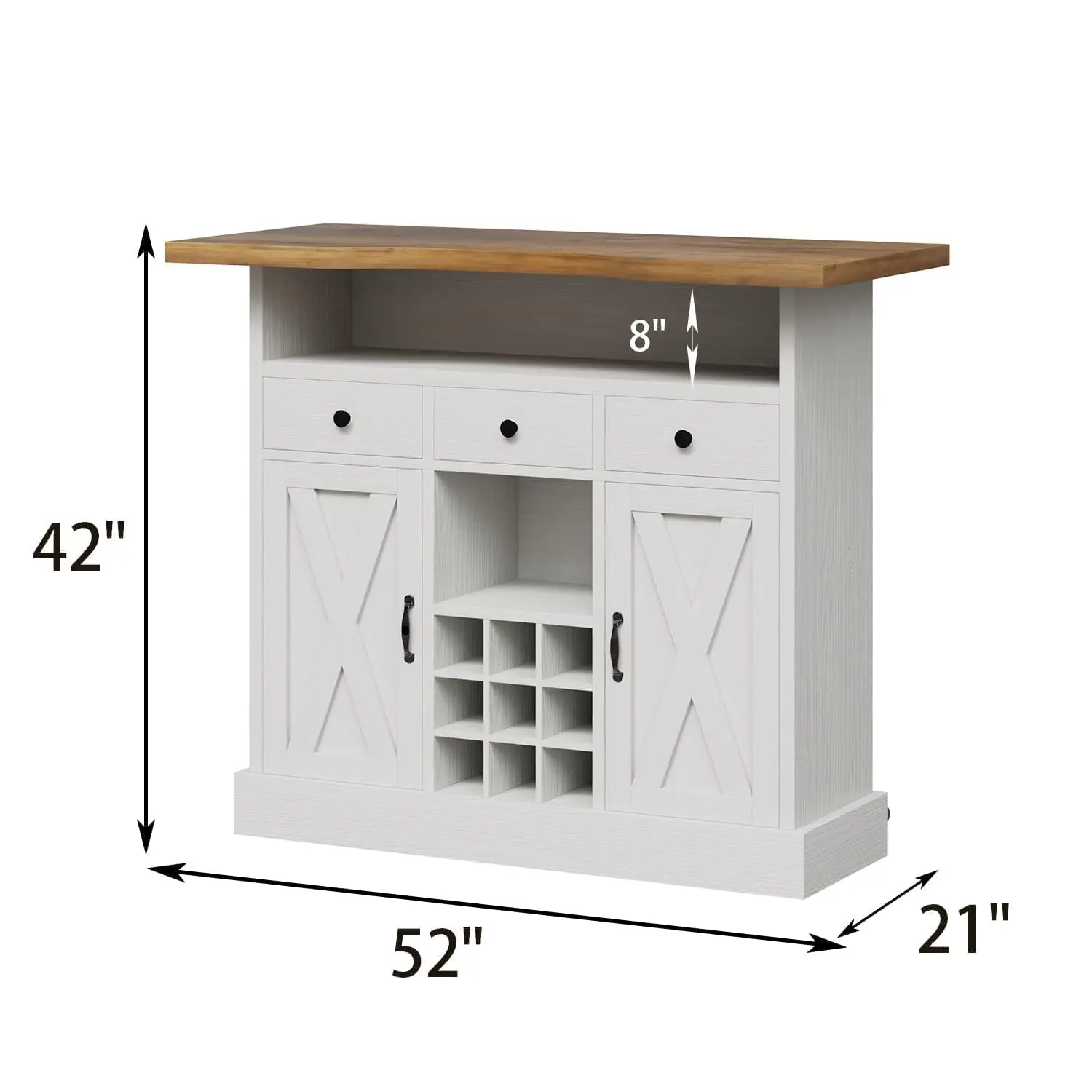 52 Inch Bar Cabinet with 4-Tier Storage, Footrest, 3 Drawers, 9 Wine Rack & 2 Barn Doors for Living Room, White, Customized