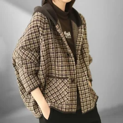 Women Wool Coats Full Sleeve Stand Collar Plaid Coat Casual Loose Thick Zipper Splice Pockets Autumn Winter Blends Jackets