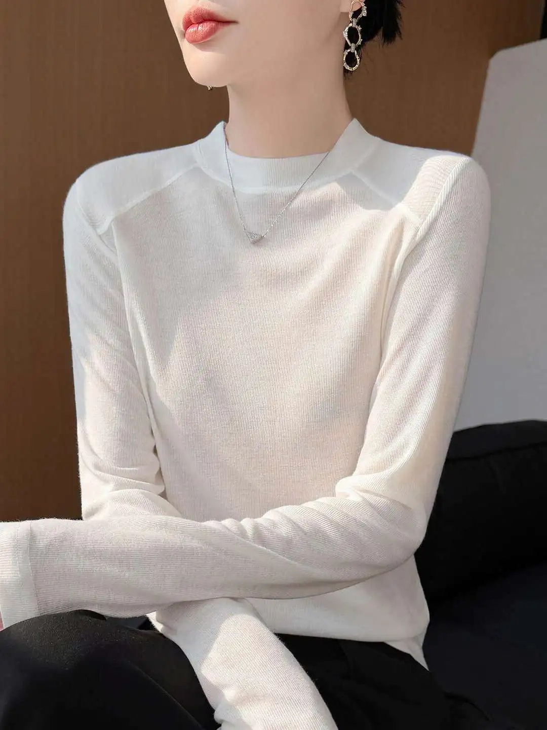 

Silk Long Sleeve Knitted T-Shirt Women's Spring Summer Thin Base Shirt Pure Color Top Casual Style Ultra Soft Knittedwear