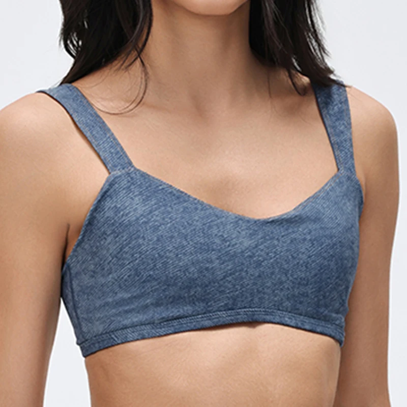 Women's Denim Style Camisole Yoga Sports Bra Tight Elastic Seamless Shockproof Gathered Support Fitness Bra with Removable Pads