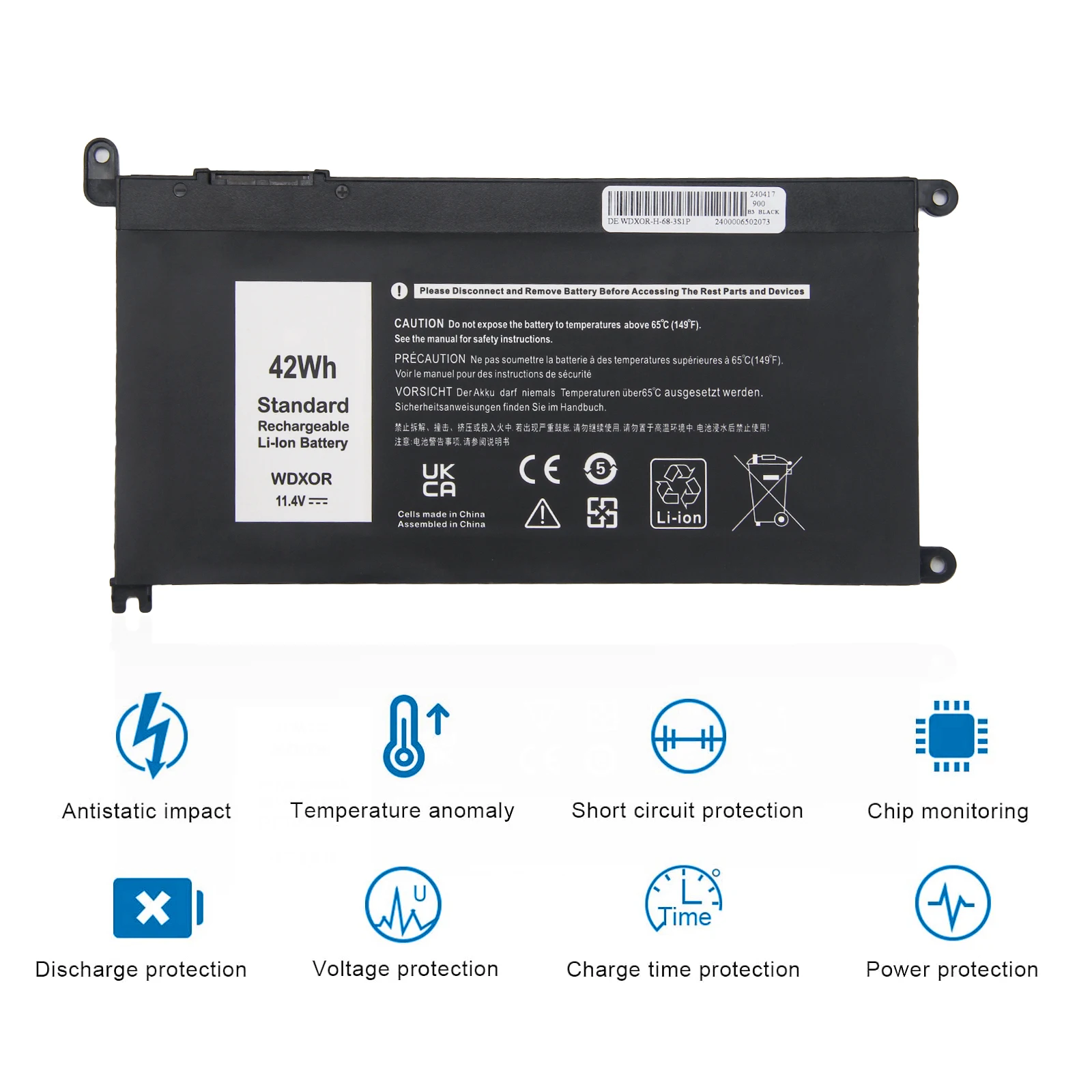 WDX0R Laptop-Akku für DELL WDXOR 11,4V 42Wh Kompatibel mit Dell Inspiron 13 7368 7378 15 5565 5567 5568 5578 – Detail 2