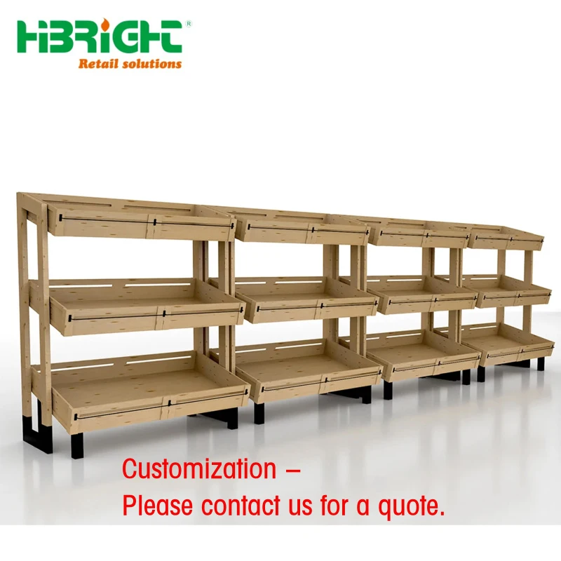 custom.Highbright Hot Selling Wood Customized Size Supermarket Wheel Vegetable Display Stand