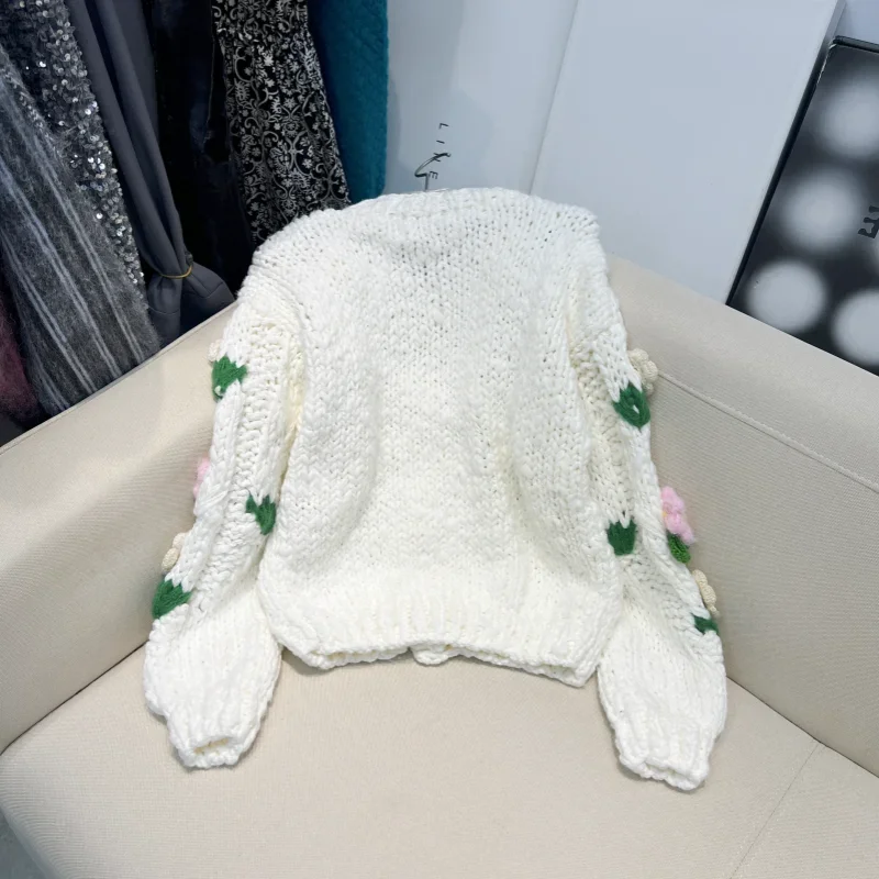 Korean Autumn Winter Sweater Handwoven Three-dimensional Crochet Flower Thick Stick Needle Knitted Sweater Thickened Coat Female