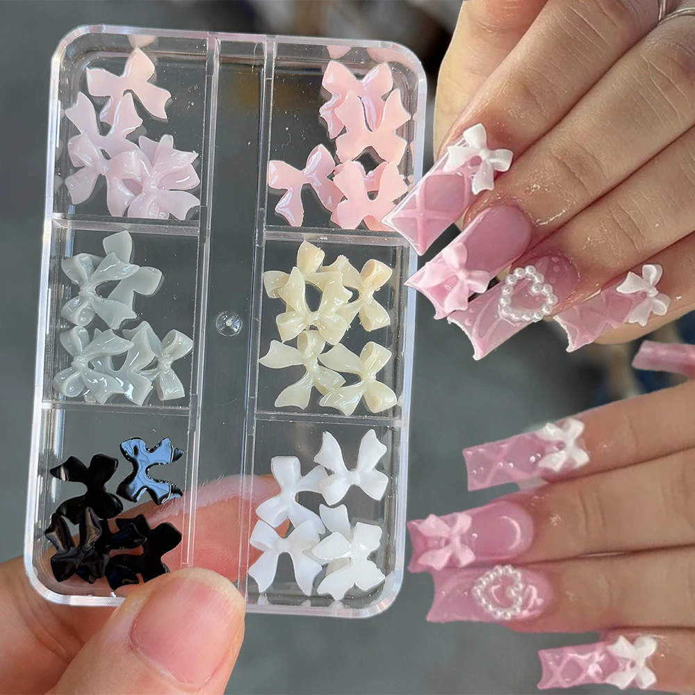 6Grids 3D Kawaii Strik Nail Art Decoraties Wit Roze Hars Strik Nail Charms Y2k Plaksteen Bowtie Ambachten Nagel Accessorie