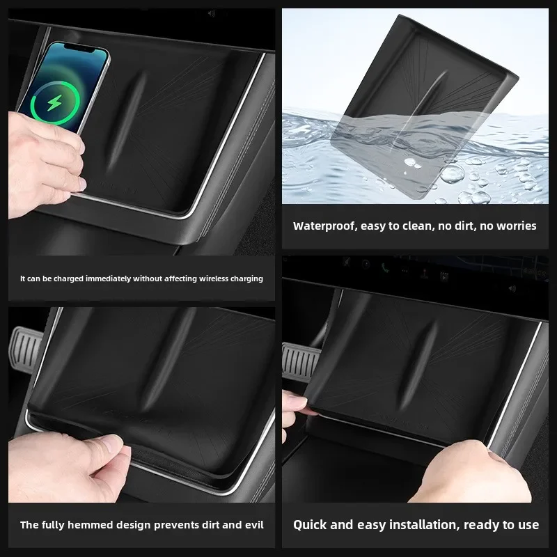 for Tesla New Model Y Juniper/Launch 2025 Wireless Charging Pad Anti-skid Cover Plaid  Silicone Car Phone Non-slip Charger Mat