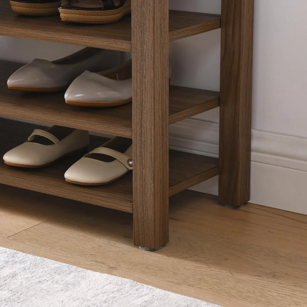 Banco de zapatos de altura ajustable: taburete moderno de almacenamiento de entrada de madera de caucho con asiento de cuero PU y compartimento oculto