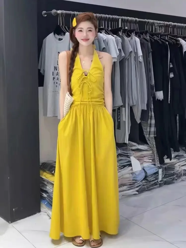 

Summer Yellow V Neck Halter Lace-up Sexy Vacation Pleated Long Dress Women High Waist Elegant Backless Party Dress 2025 Fashion