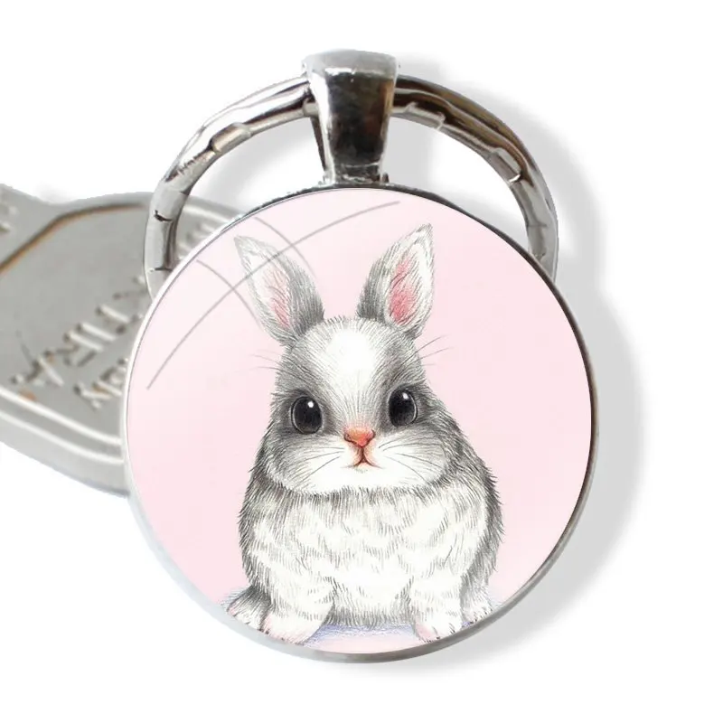 Cute White Baby Rabbits glass cabochon keychain Car key chain Charms keychains Gifts Accessories Phone Cases Covers