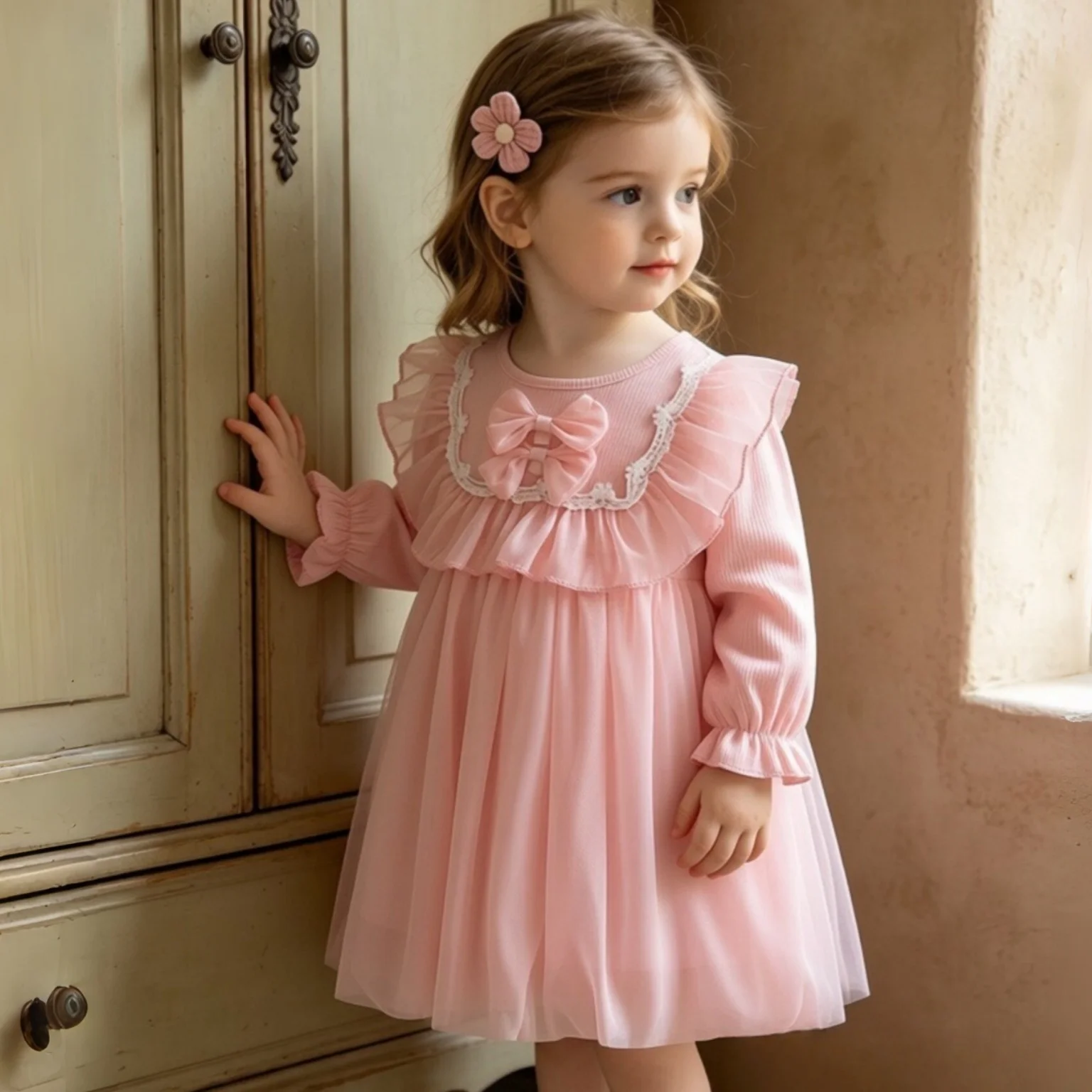 Baby Girl Dress Autumn/Winter New Elegant French Sweet Bow Long Sleeved Fairy Mesh Tutu Princess Dress Cute Girl Birthday Dress