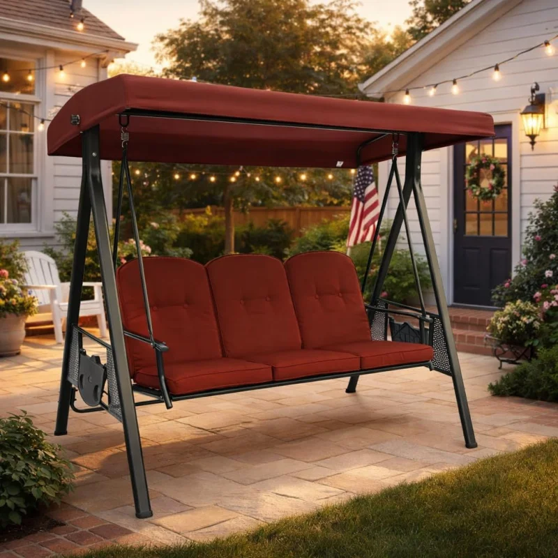 

2026 New：Deluxe 3-Patio Porch Swing with Stand, Adjustable Canopy, Outdoor Freestanding Swing Chair Bac