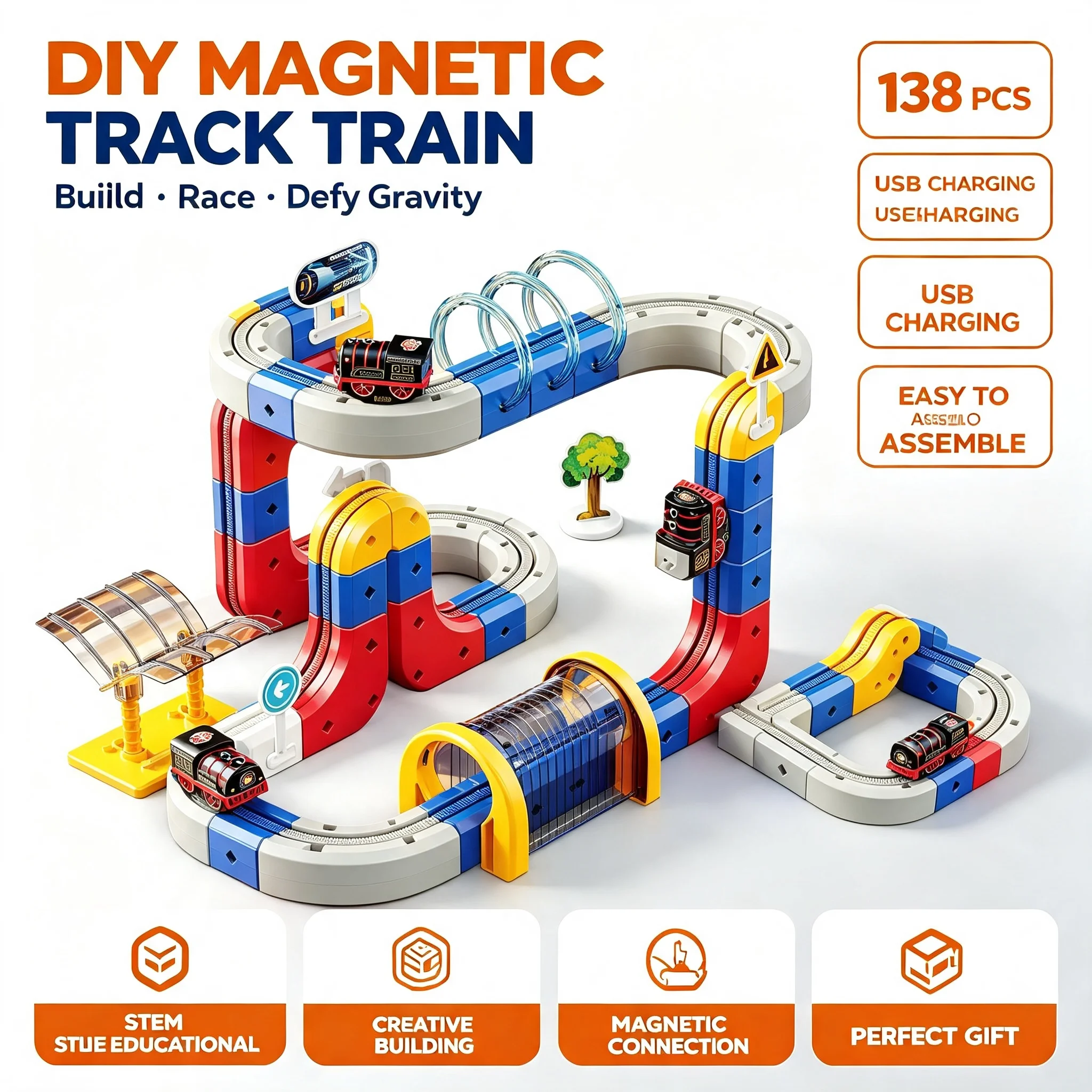 DIY Anti‑Gravity Magnetic Track Train Set, Changeable Magic Electric Rail Car Toy, Educational Puzzle Gift For Back‑to‑School