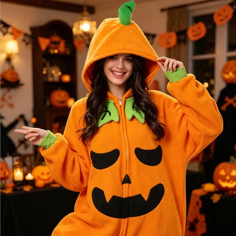 Lady Zipper Evil Pumpkin Kigurumi Costume Hooded Cartoon Pajamas Animal Cosplay Game Suit for Halloween Christmas Party
