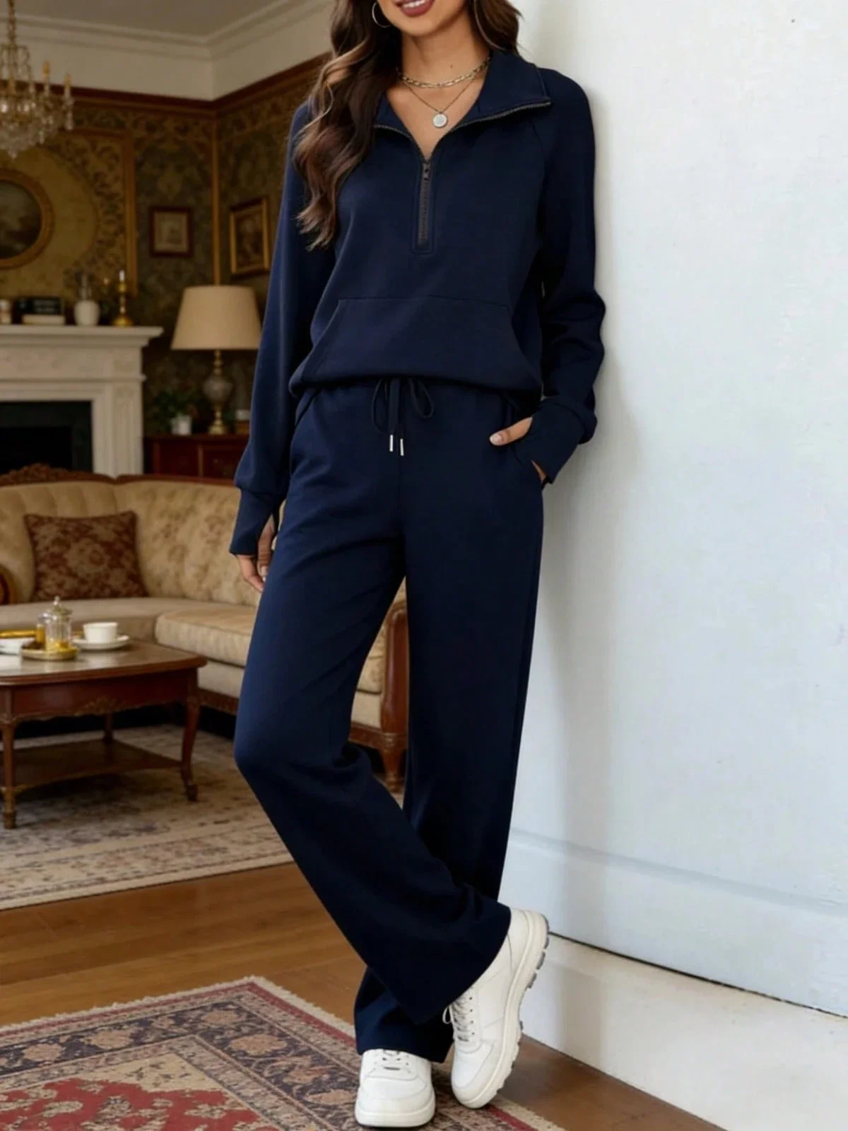 

Women 2 Piece Lounge Set Half Zip Sweatshirt Wide Leg Sweatpants Casual Tracksuit