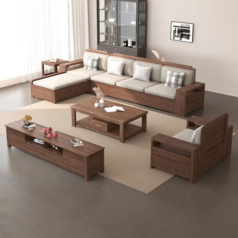 Sofakombination aus schwarzem Walnussholz, komplett aus Massivholz, moderne, einfache, hohe Aufbewahrungsbox, ästhetisches Wohnzimmermöbelset mit Song-Aufbewahrung