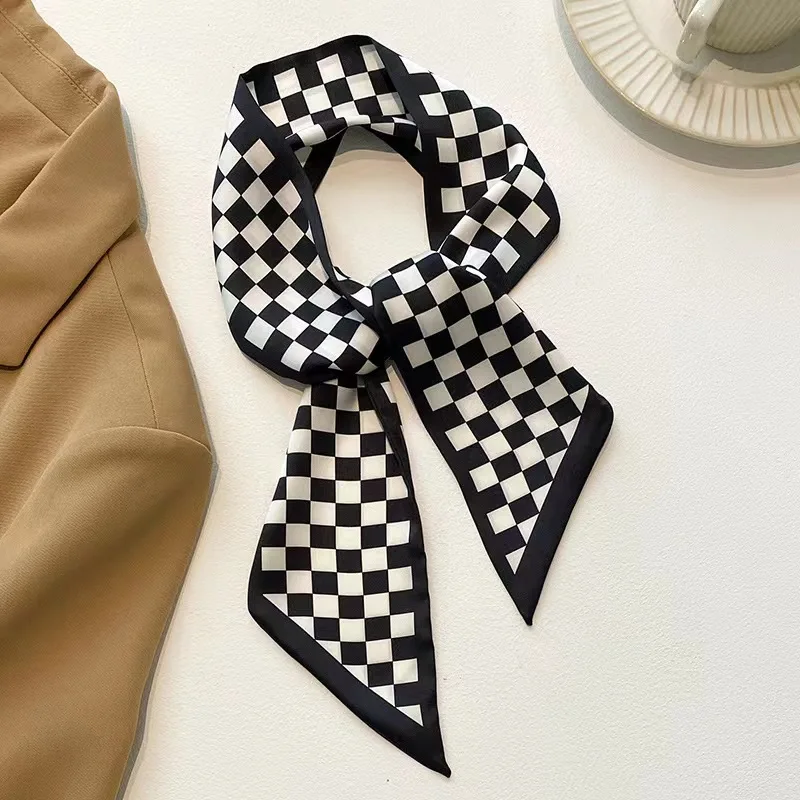 Korean version of black silk scarf headband, women\'s satin headdress, niche streamer, houndstooth flower hair ornament