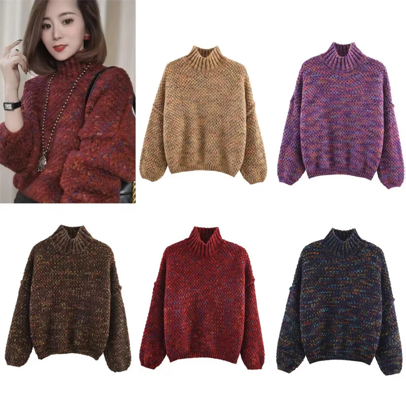 

Женский топ 2025, зима, новый стиль, однотонный, с длинными рукавами, полувысоким воротником, вязаный свободный пуловер, повседневный модный универсальный