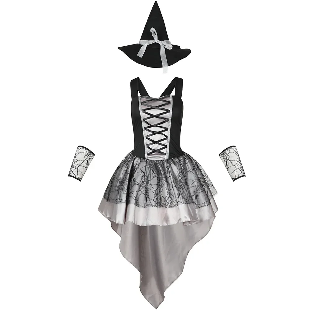 Vestido Halter de malla Sexy para mujer, sombrero puntiagudo, disfraz de Cosplay de bruja para fiesta de Halloween, espectáculo de escenario, vestido de Mascarada