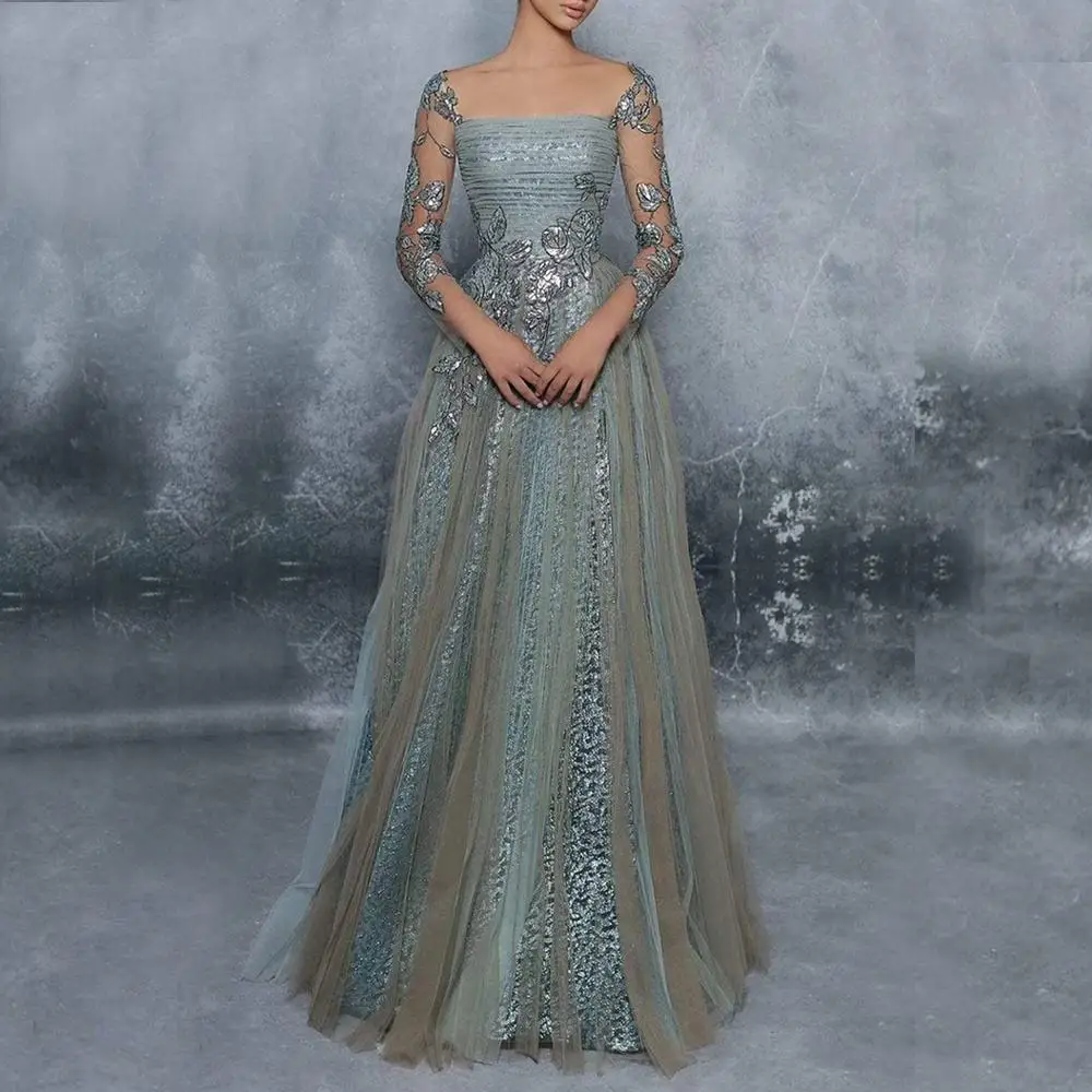 Luxe A-lijn Avondjurken Sweetheart Pailletten Applicaties Galajurken Op maat gemaakte lange mouwen Sweep Trein Speciale gelegenheidskleding