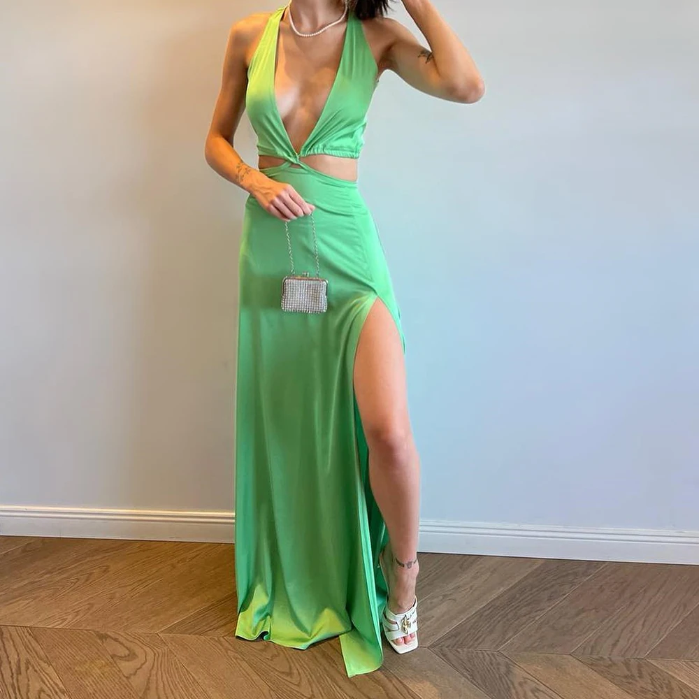 

Elegant Party Dresses Woman 2024 Sleeveless Deep V-Neck Side Silt Halter Jersey Sweep Train Solid Green Crop Top Quinceanera