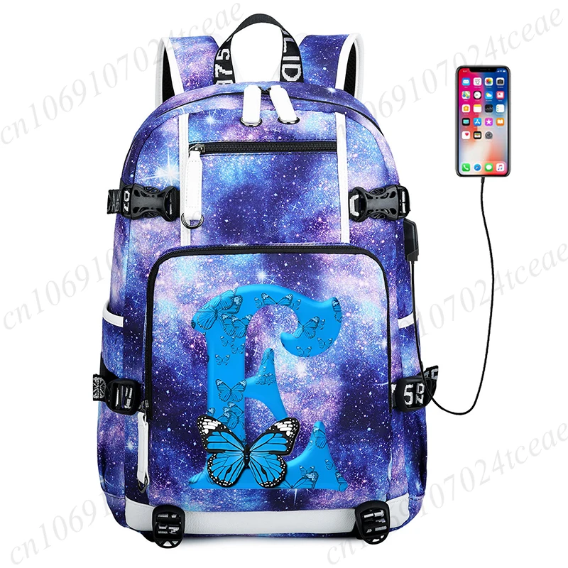 26 English Letters Butterfly Design  Girls Backpack School Bags Student Teens Laptop Backpack Blue Butterfly Bookbag Mochila