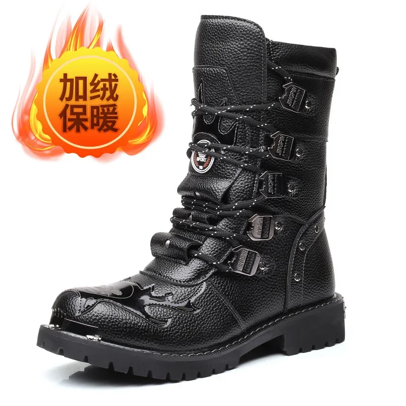 Winter Men Motorcycle Boots New Fashion Mid-Calf Punk Rock Punk Shoes Mens Genuine Leather Black High Top Mens Casual Boot 38-46