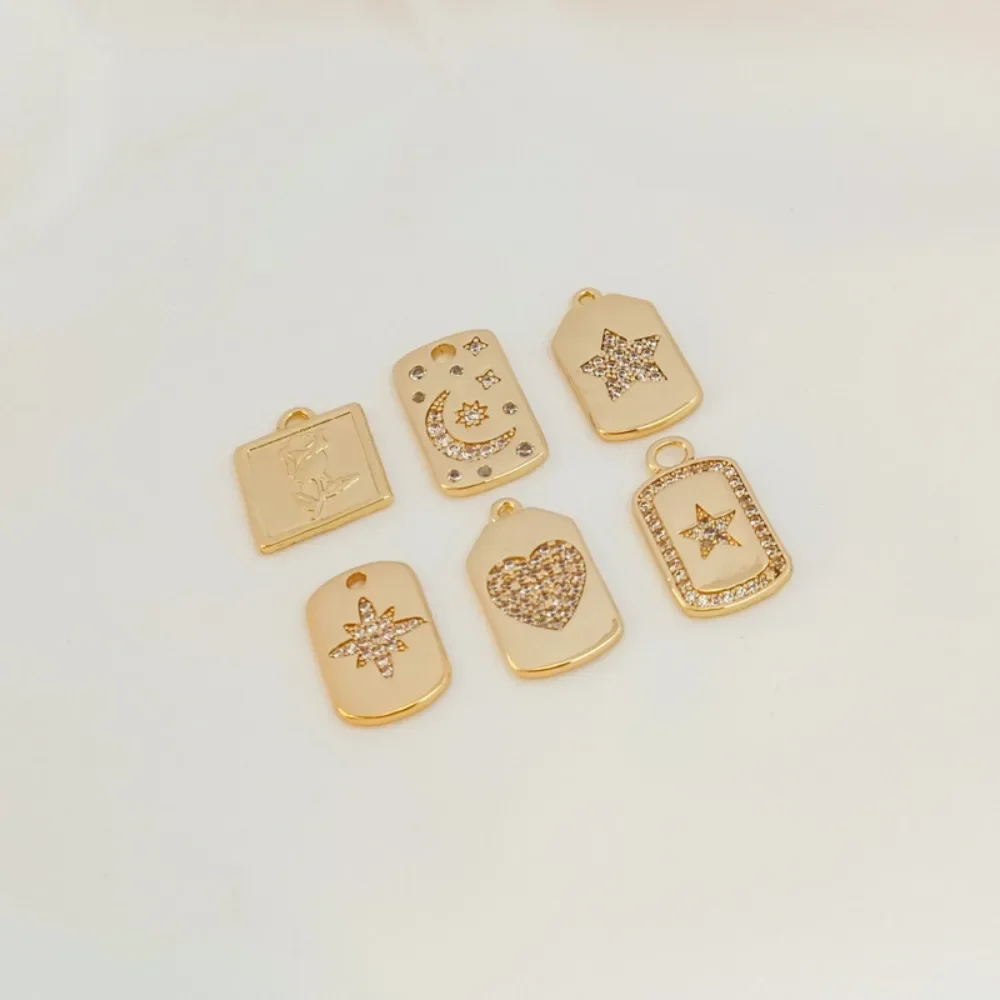14K Gold-plated Smooth Surface Zirconium-inlaid Rectangular Pendant with Crescent, Hexagram, Five-pointed Star, Heart and Rose
