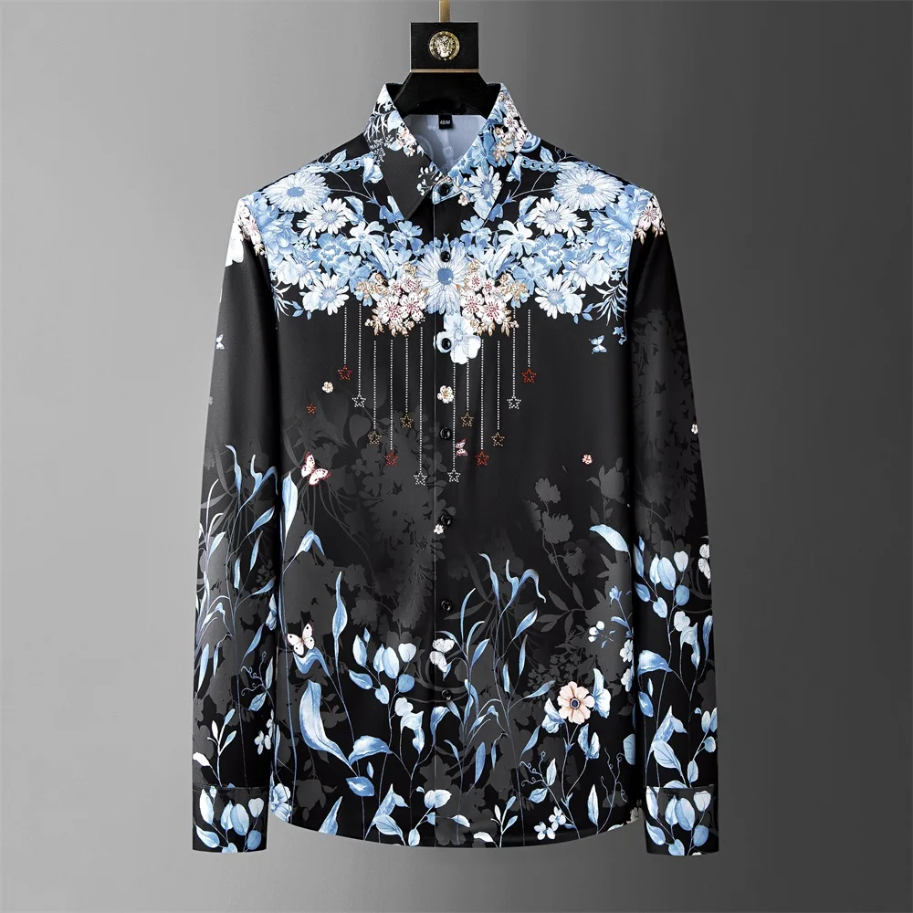 Luxury Flower Rhinestone Printed Shirts Men Long Sleeve Casual Business Dress Shirts Social Party Tuxedo Blouse Camisa Masculina