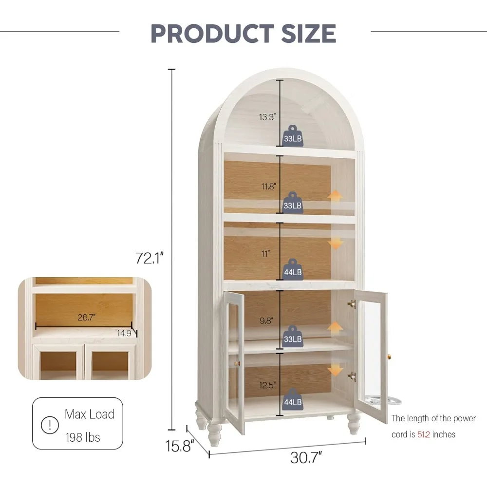 Armadietto da bar ad arco vintage da 72 pollici con ripiani, ripiani regolabili e presa di corrente per vino e bevande