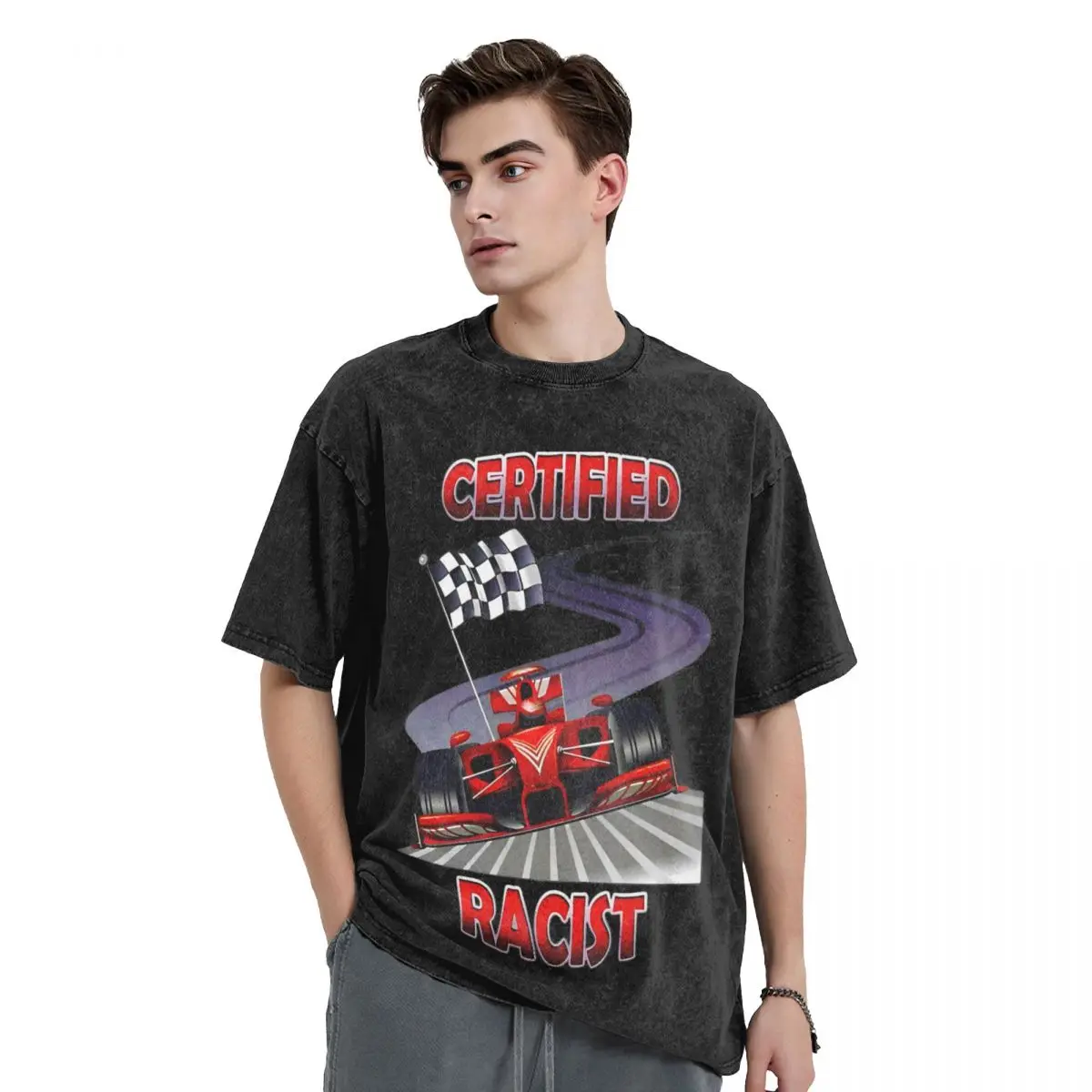 Certified Racist Racing Meme Washed T Shirts Streetwear Hip Hop Retro T-Shirts Tees Tops for Men Women Harajuku Summer