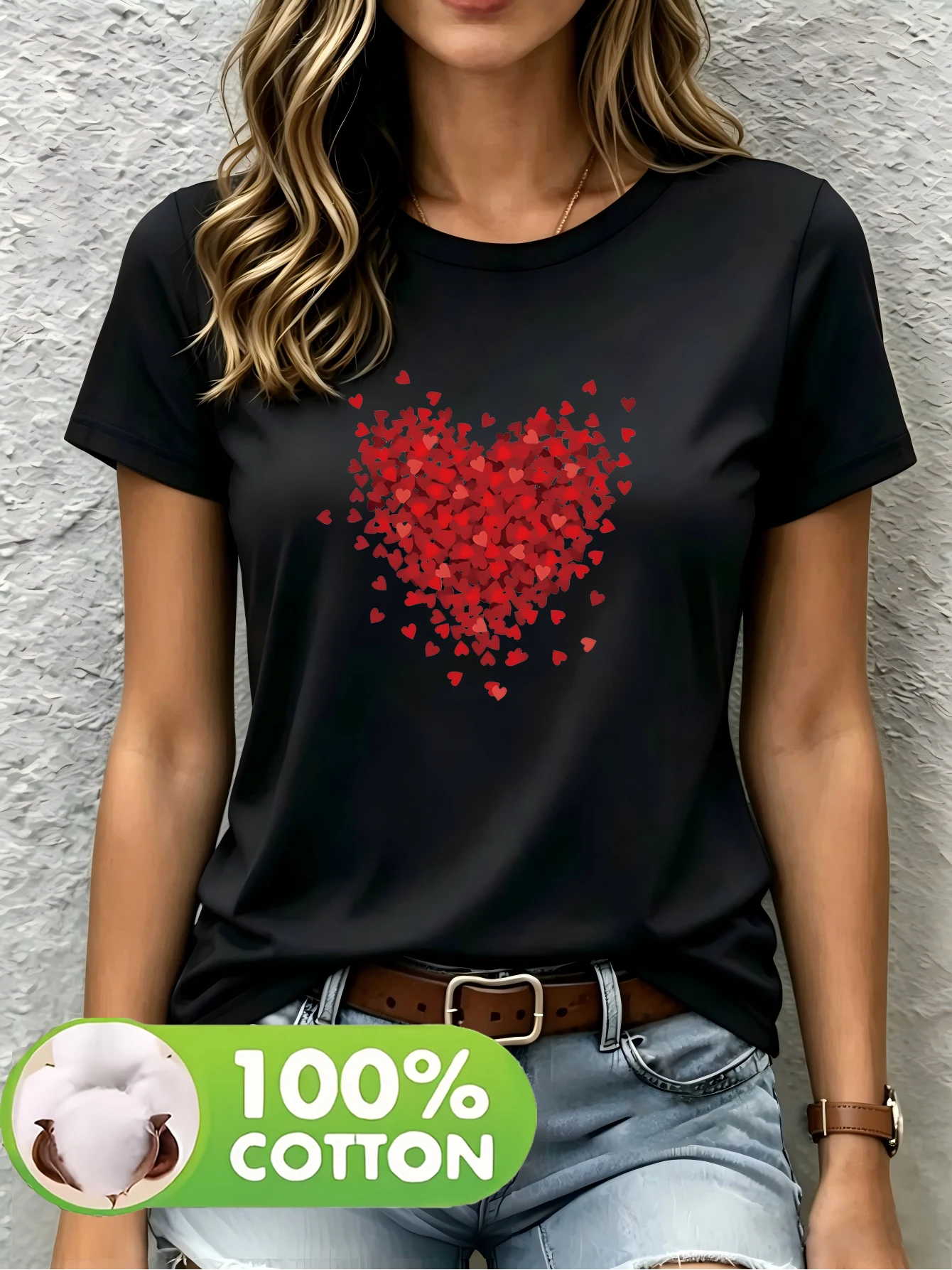 100% Cotton Material, 1 Pack, Women’s Solid-Colored Printed Round-Neck T-Shirt, Cotton Fabric, Comfortable and Breathable