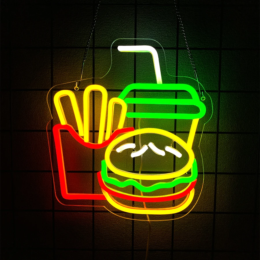 

Светодиодная неоновая вывеска фаст-фуда, икона еды с картофелем гамбургеров, подходит для семейных встреч, ресторанов фаст-фуда, декора окон магазина.