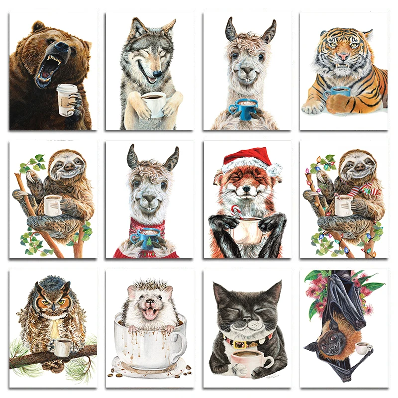 Funny Animals Drink Coffee Poster Prints Latte Grizzly Bear Tiger Alpaca Wall Art Canvas Painting Kitchen Bar Home Decor Cuadros
