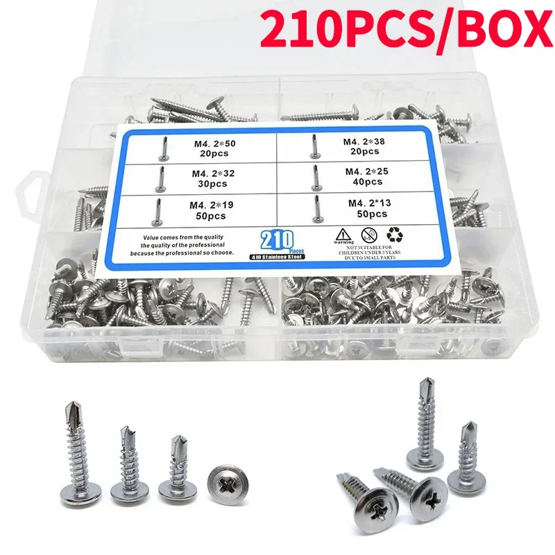 

210pcs/Box 410 Stainless Steel M4.2 Phillips Round Head Self-drilling Screw Self-tapping Dovetail Drill Tail Screws Kit