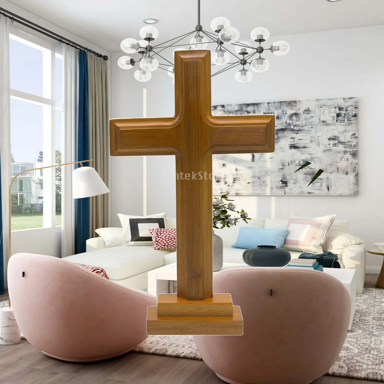 Wooden Cross with Base Engravable Wooden Standing Cross Religious Decoration Minimalist Decor Smooth for Altar, Desk