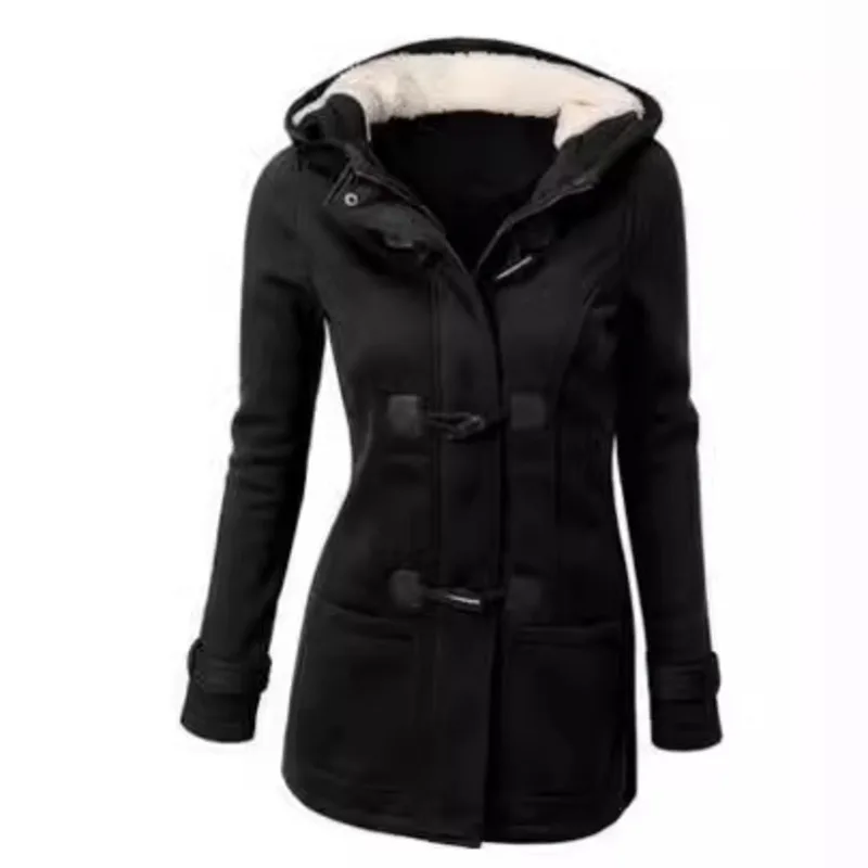 

Retro Hooded Cotton-Blend Classic Horn-Button Leather Jacket Stylish Autumn-Winter Women's Lightweight Coat Plus Cotton Jacket