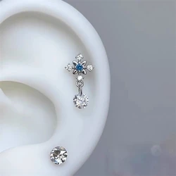 1pcs Quality Shiny Cross Blue Zircon 316L Stainless Steel Ear Bone Nail Y2K Silver Color Earring for Women Cochlear Accessorie