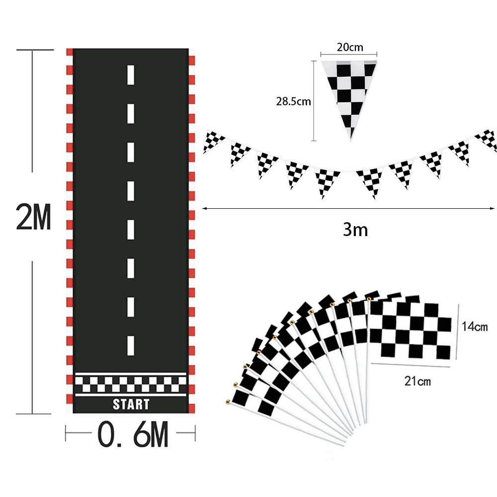 Black White Racing Car Themed Party Tableware Flagbanner Track Tablecloth 0-9 Number Balloon Checkered Racing Car Birthday Decor