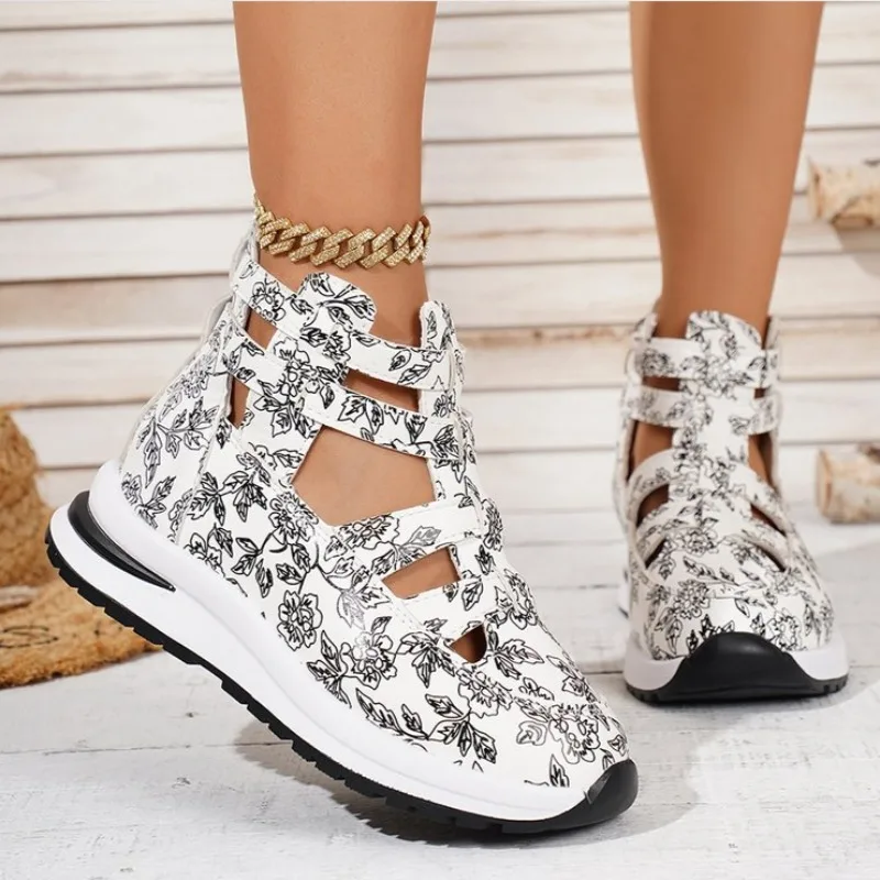 Ladies Slope Heel Sandals Non-slip Lightweight Comfortable Casual Mid Heels Women High Top Shoes Casual Hollow Breathable Shoes