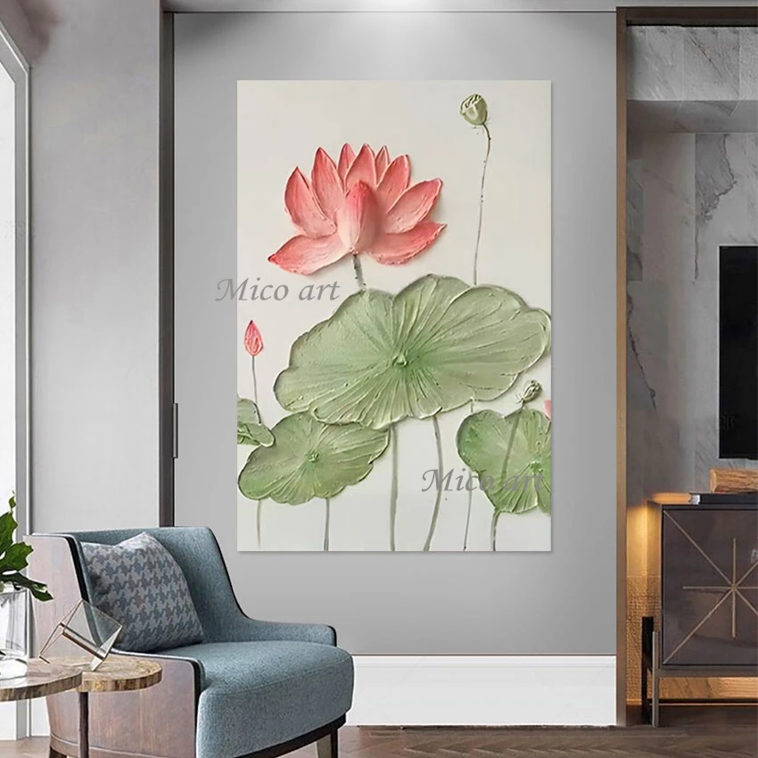 Lotus Flower Painting Abstract Palette Knife Canvas Art Drawing Wall No Framed 3D Beautiful High Quality Plant Scenery Picture